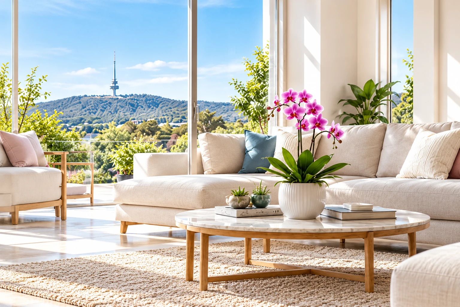 A light-filled lounge with orchids and a view towards Black Mountain and Telstra Tower